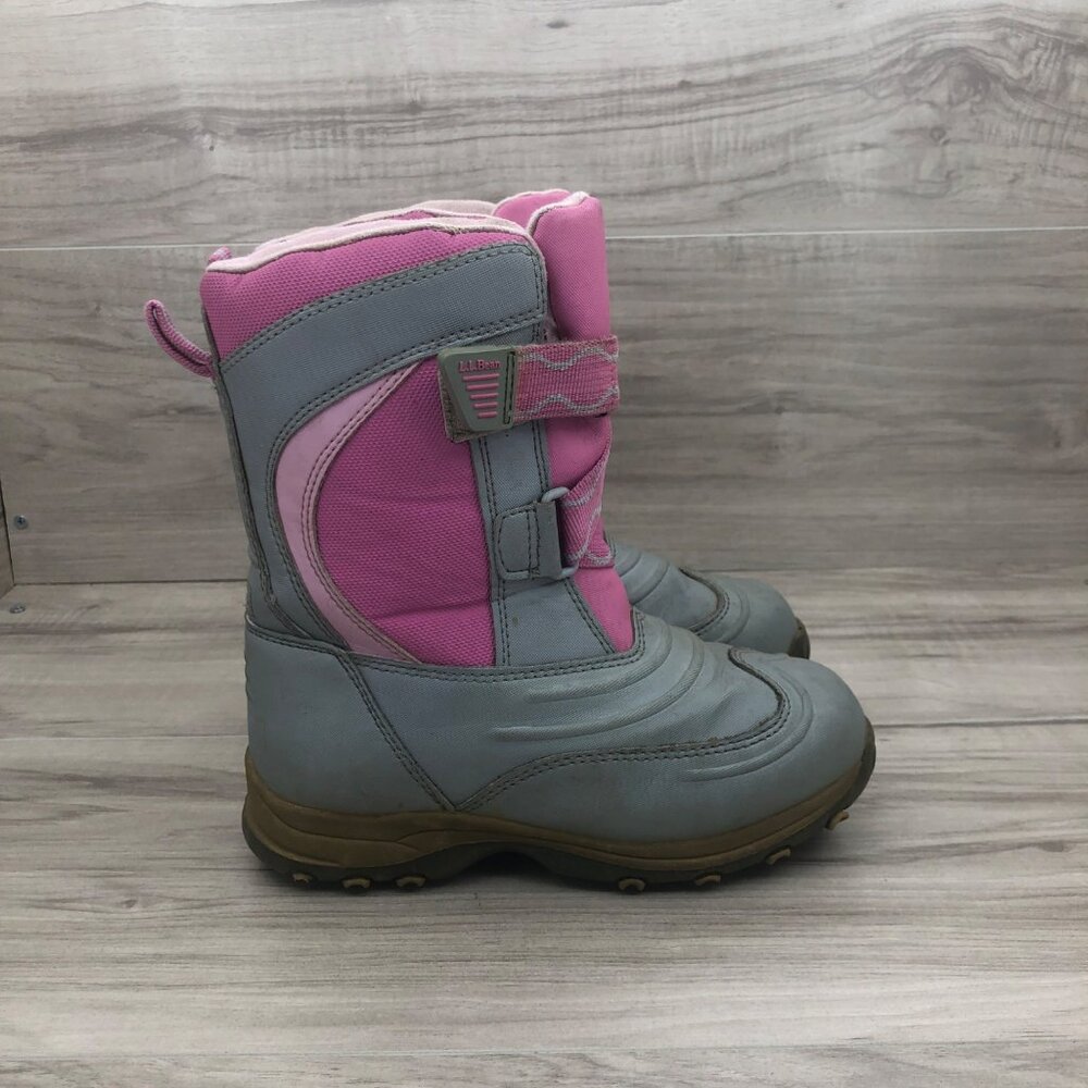 LL Bean Boots Kids Size 1 Pink Gray Insulated Winter Snow Hook and Loop Strap